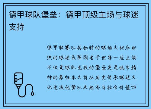 德甲球队堡垒：德甲顶级主场与球迷支持